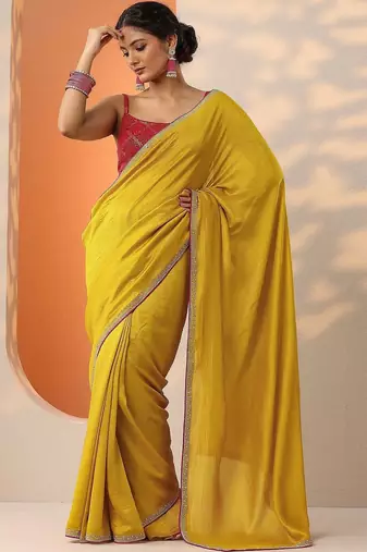 yellow solid saree with unstitched blouse piece