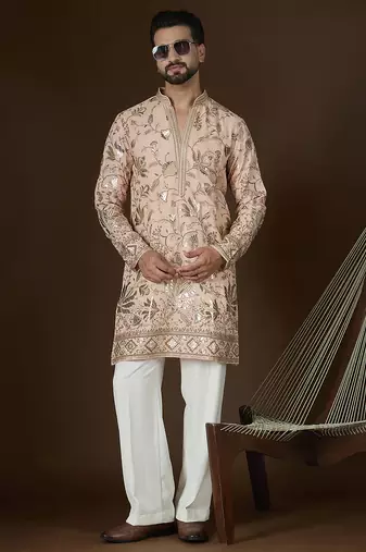 Men’s peach georgette kurta with solid sequins embroidery | trendy ethnic wear for festive, wedding & party occasions
