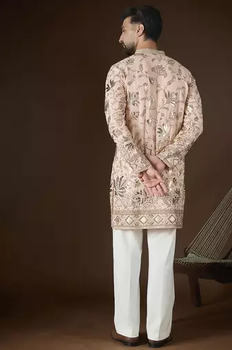 Men’s peach georgette kurta with solid sequins embroidery | trendy ethnic wear for festive, wedding & party occasions