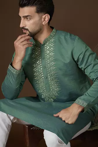Men’s green jacquard kurta with solid mirror work embroidery | trendy ethnic wear for festive, wedding & party occasions
