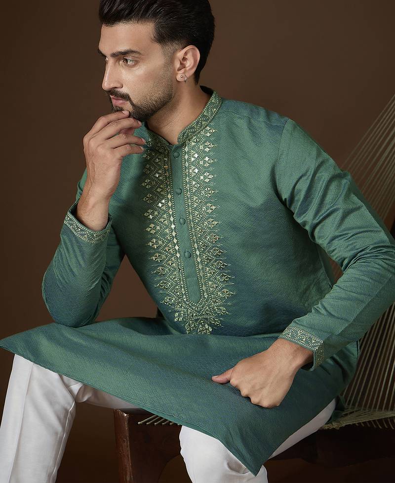 green jacquard kurta with solid mirror work embroidery