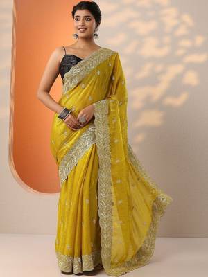 yellow embroidered saree with unstitched blouse piece 1