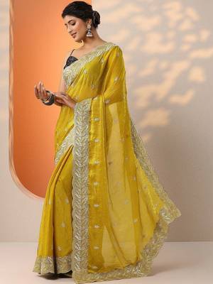 yellow embroidered saree with unstitched blouse piece 2