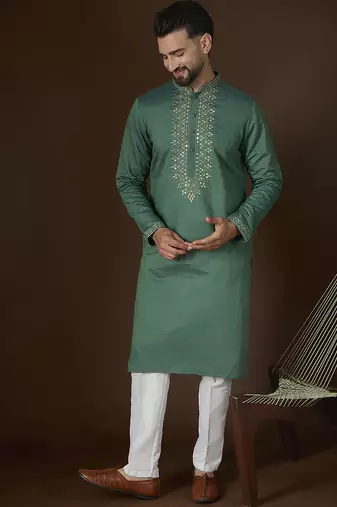 Men’s green jacquard kurta with solid mirror work embroidery | trendy ethnic wear for festive, wedding & party occasions