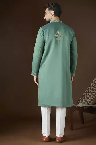 Men’s green jacquard kurta with solid mirror work embroidery | trendy ethnic wear for festive, wedding & party occasions