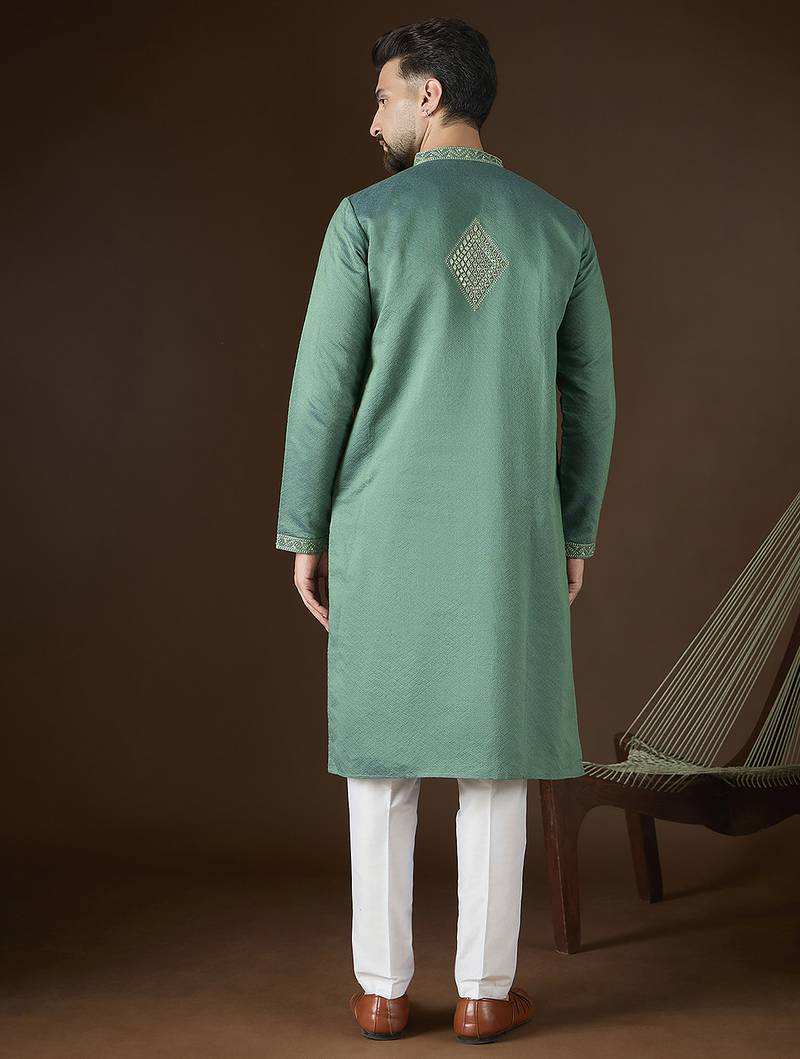 green jacquard kurta with solid mirror work embroidery