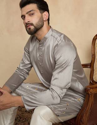 grey silk blend beads and stones embroidered kurta with trouser set 2
