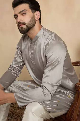 Men’s grey silk blend beads and stones embroidered kurta with trouser set | trendy designer ethnic wear