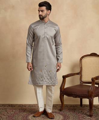 grey silk blend beads and stones embroidered kurta with trouser set 1