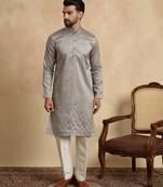grey silk blend beads and stones embroidered kurta with trouser set