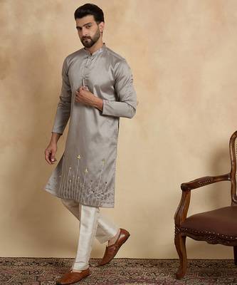 grey silk blend beads and stones embroidered kurta with trouser set 3