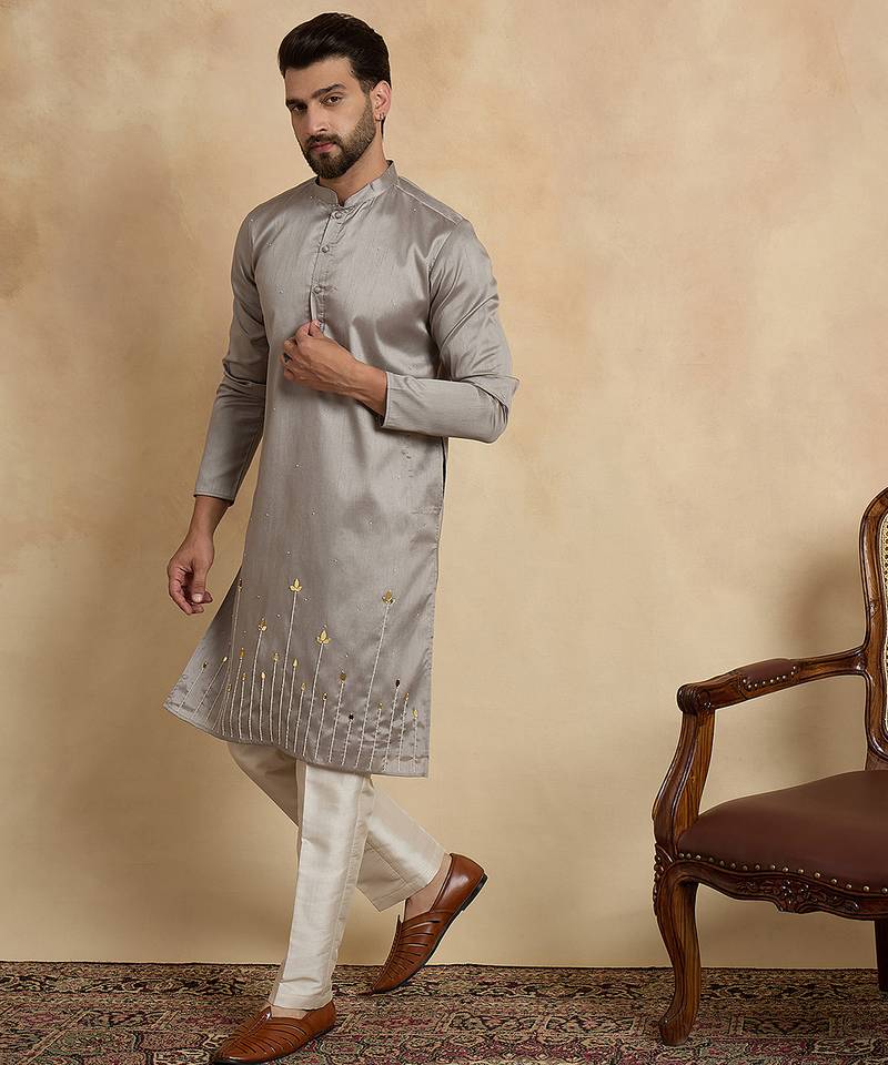 grey silk blend beads and stones embroidered kurta with trouser set