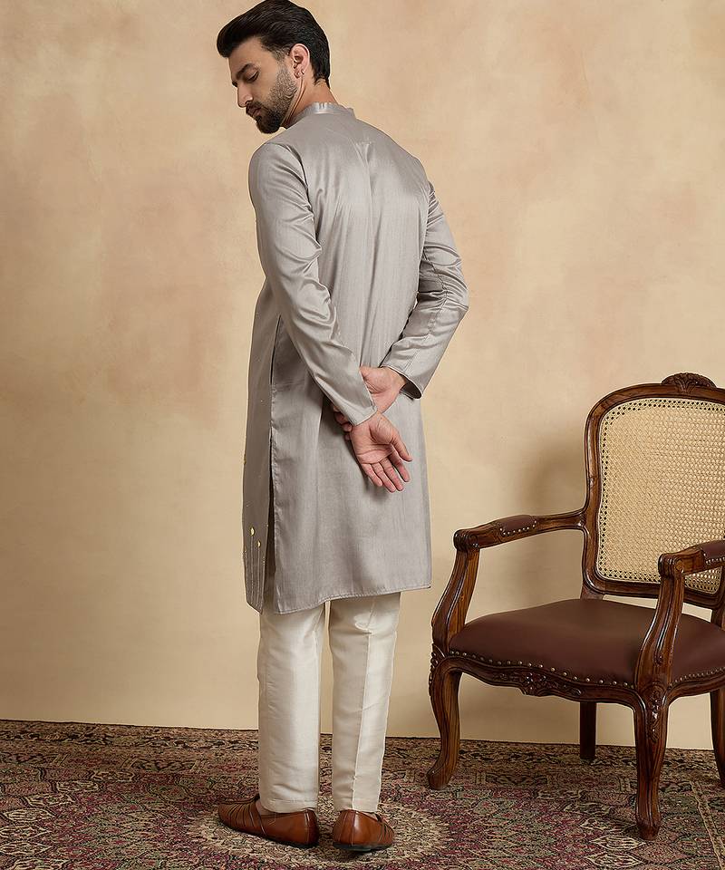 grey silk blend beads and stones embroidered kurta with trouser set