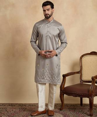 grey silk blend beads and stones embroidered kurta with trouser set 5