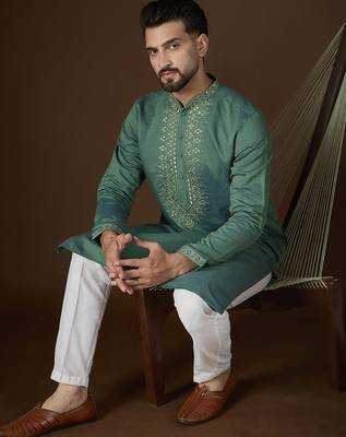 green jacquard mirror work embroidered kurta with trouser set 3