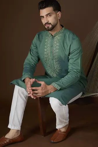 green jacquard mirror work embroidered kurta with trouser set