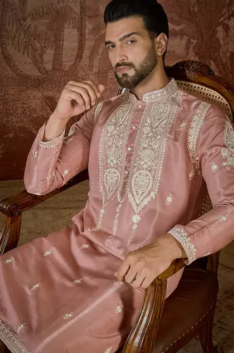 Men’s peach silk blend thread work embroidered kurta with trouser set | trendy designer ethnic wear for wedding, festive