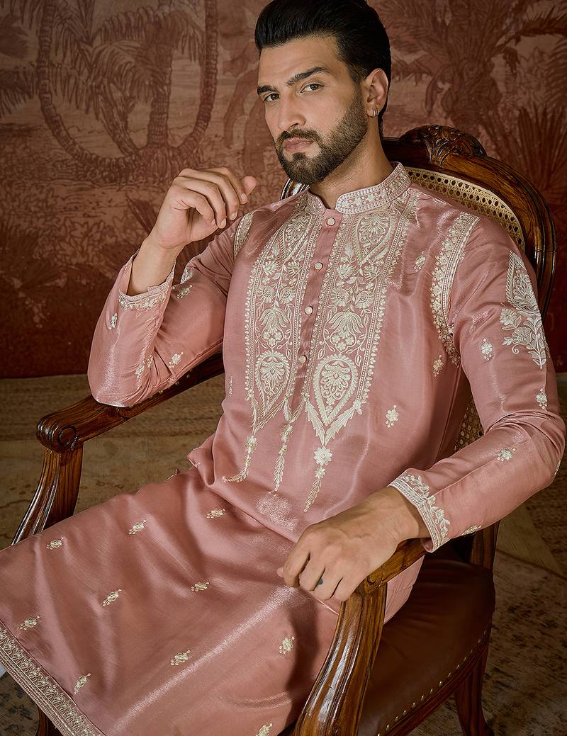 Men’s peach silk blend thread work embroidered kurta with trouser set | trendy designer ethnic wear for wedding, festive