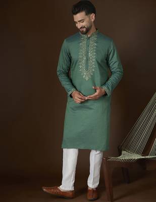 green jacquard mirror work embroidered kurta with trouser set 1