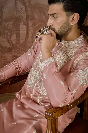 Men’s peach silk blend thread work embroidered kurta with trouser set | trendy designer ethnic wear for wedding, festive