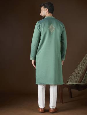 green jacquard mirror work embroidered kurta with trouser set 4
