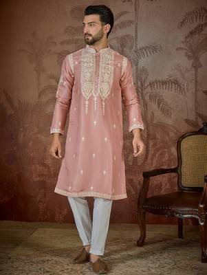 Men’s peach silk blend thread work embroidered kurta with trouser set | trendy designer ethnic wear for wedding, festive 1