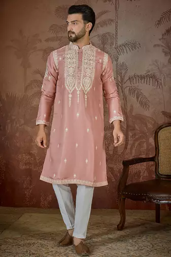 Men’s peach silk blend thread work embroidered kurta with trouser set | trendy designer ethnic wear for wedding, festive