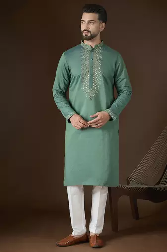 green jacquard mirror work embroidered kurta with trouser set