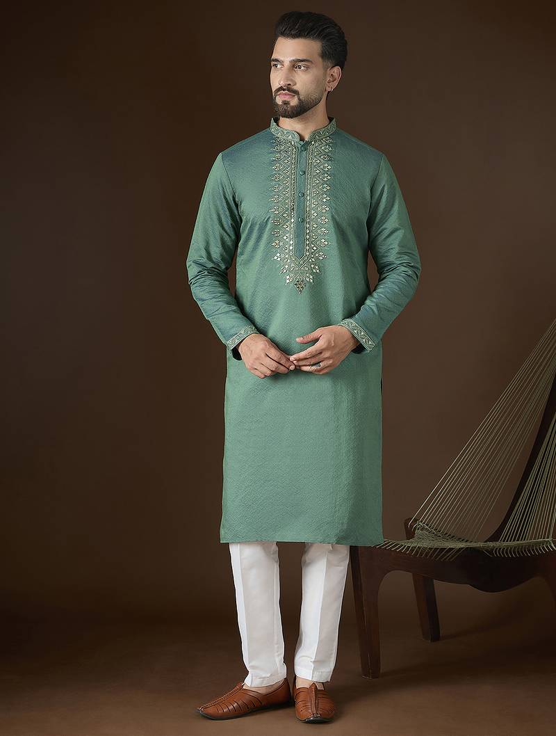 green jacquard mirror work embroidered kurta with trouser set