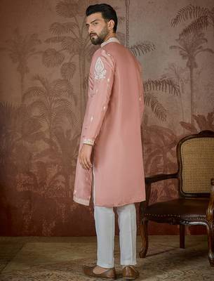 Men’s peach silk blend thread work embroidered kurta with trouser set | trendy designer ethnic wear for wedding, festive 4