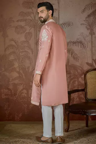 Men’s peach silk blend thread work embroidered kurta with trouser set | trendy designer ethnic wear for wedding, festive