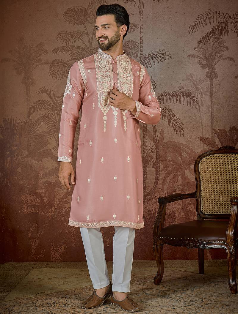 Men’s peach silk blend thread work embroidered kurta with trouser set | trendy designer ethnic wear for wedding, festive