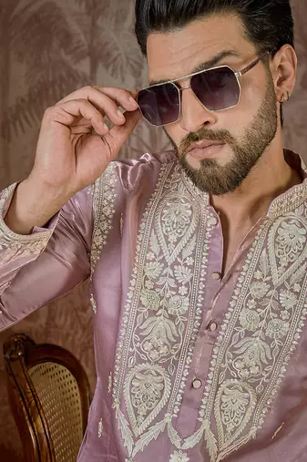 pink silk blend thread work embroidered kurta with trouser set