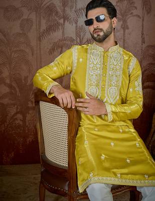 yellow silk blend thread work embroidered kurta with trouser set 2