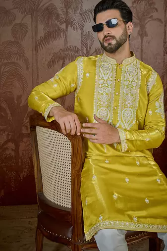 yellow silk blend thread work embroidered kurta with trouser set