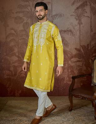 yellow silk blend thread work embroidered kurta with trouser set 1