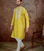 yellow silk blend thread work embroidered kurta with trouser set