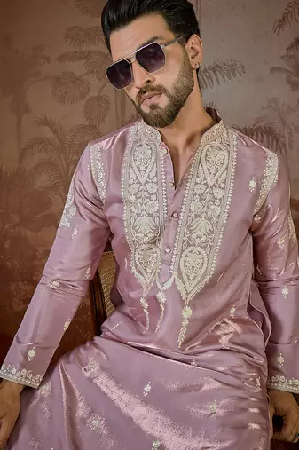 pink silk blend thread work embroidered kurta with trouser set