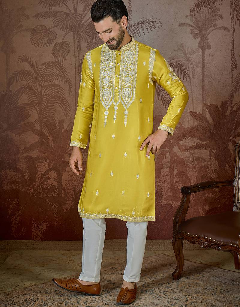 yellow silk blend thread work embroidered kurta with trouser set
