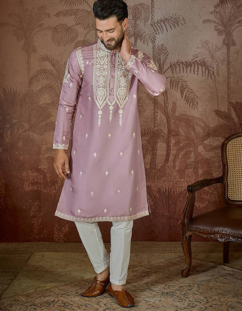pink silk blend thread work embroidered kurta with trouser set