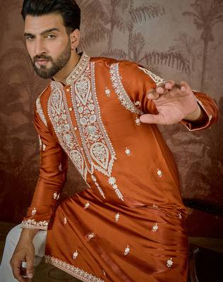 orange silk blend thread work embroidered kurta with trouser set 1
