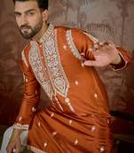orange silk blend thread work embroidered kurta with trouser set