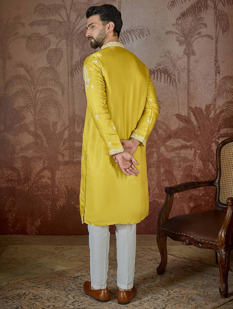 yellow silk blend thread work embroidered kurta with trouser set