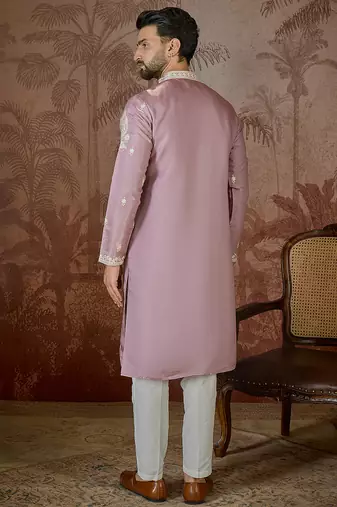pink silk blend thread work embroidered kurta with trouser set