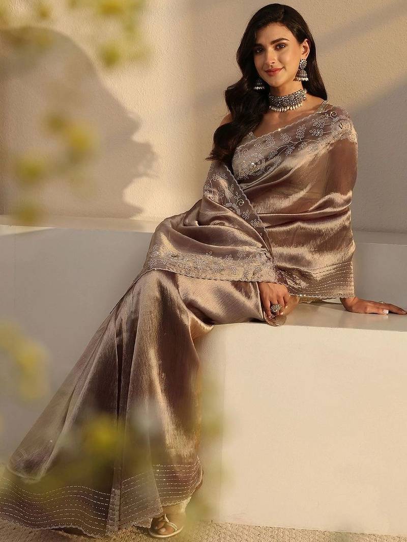 taupe embroidered saree