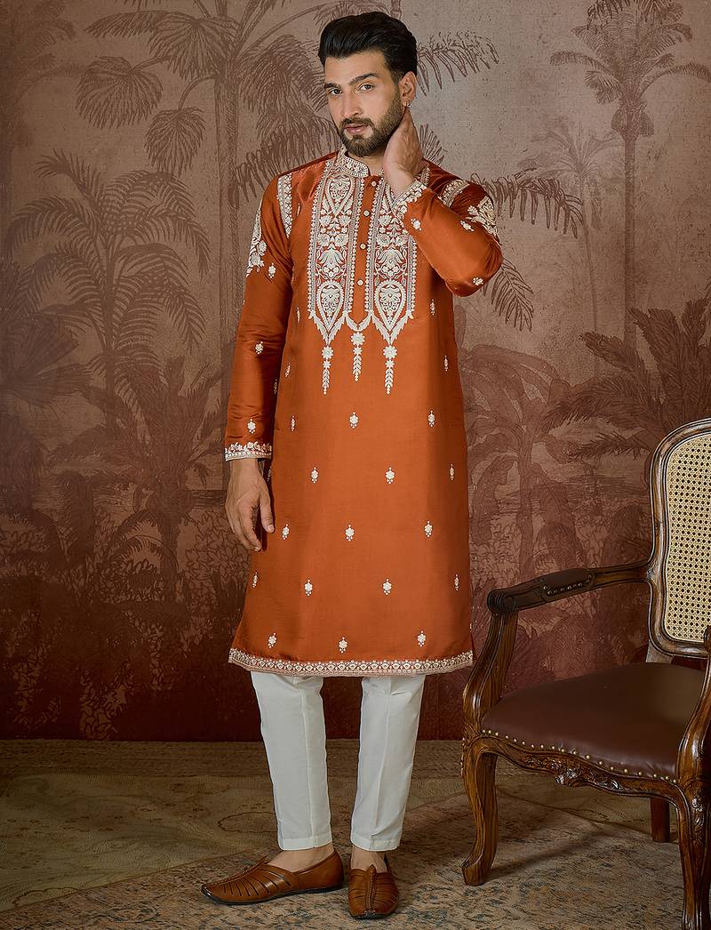 orange silk blend thread work embroidered kurta with trouser set