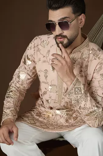 Men’s peach poly georgette sequinned embroidered kurta with trouser set | trendy designer ethnic wear for wedding