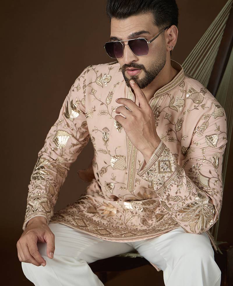 peach poly georgette sequinned embroidered kurta with trouser set