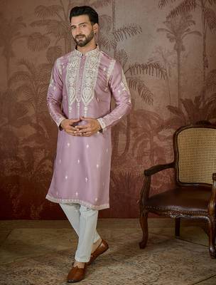 pink silk blend thread work embroidered kurta with trouser set 5