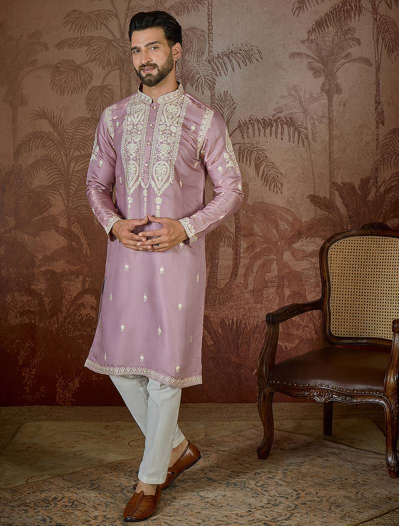 pink silk blend thread work embroidered kurta with trouser set